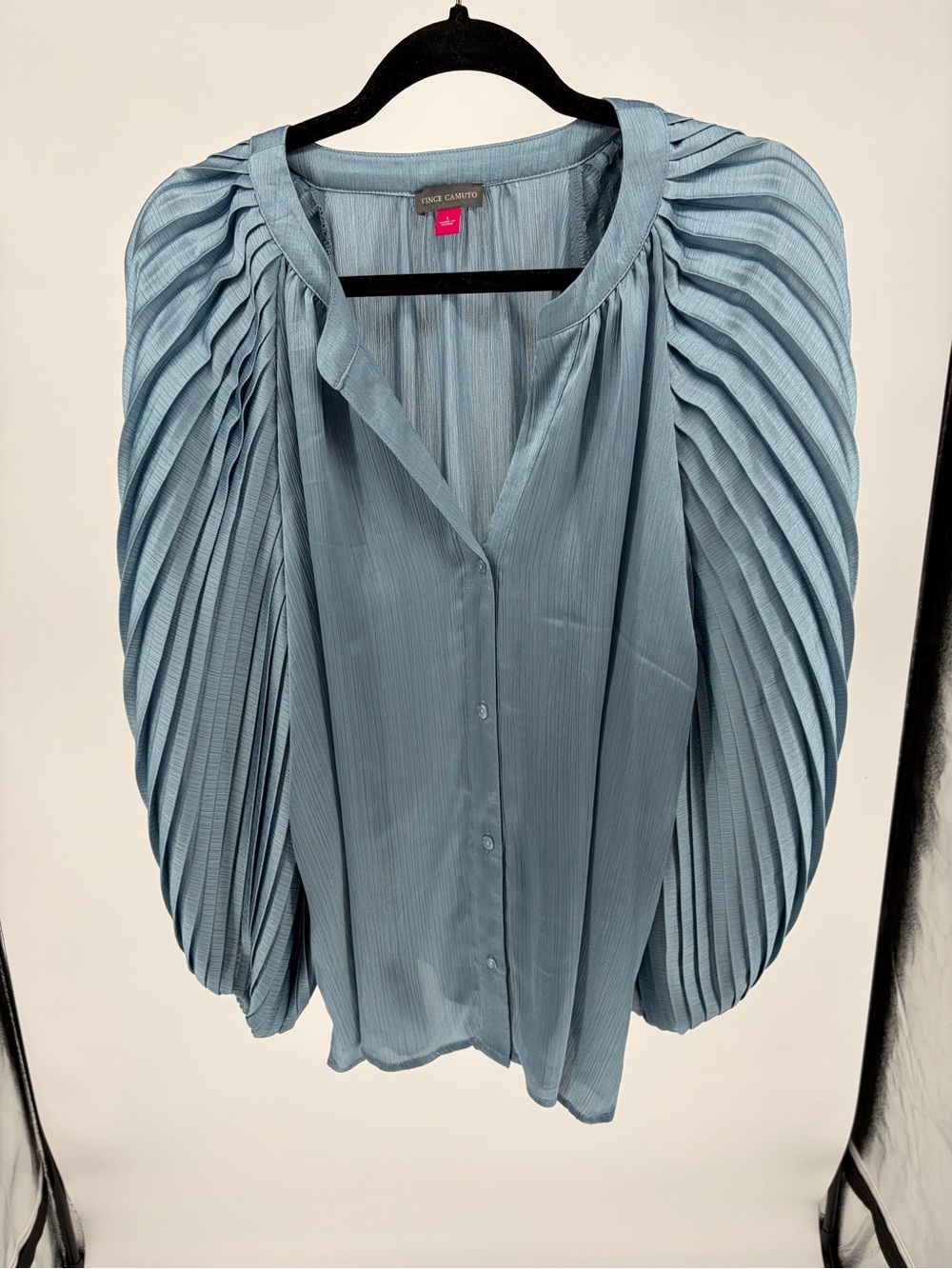 Vince Camuto Dusty Blue Pleated Puff-Sleeve Button-Down Blouse